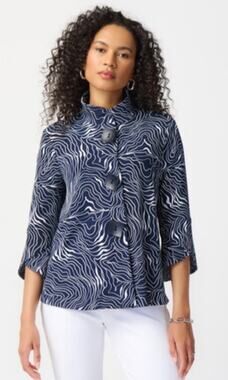 Joseph Ribkoff Abstract Puff Print Silky Knit Jacket Navy Blue Women's 10 New